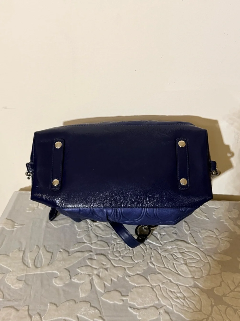 Coach Ashley Embossed Leather Satchel Cobalt Blue Signature Carryall Bag - Picture 3 of 10